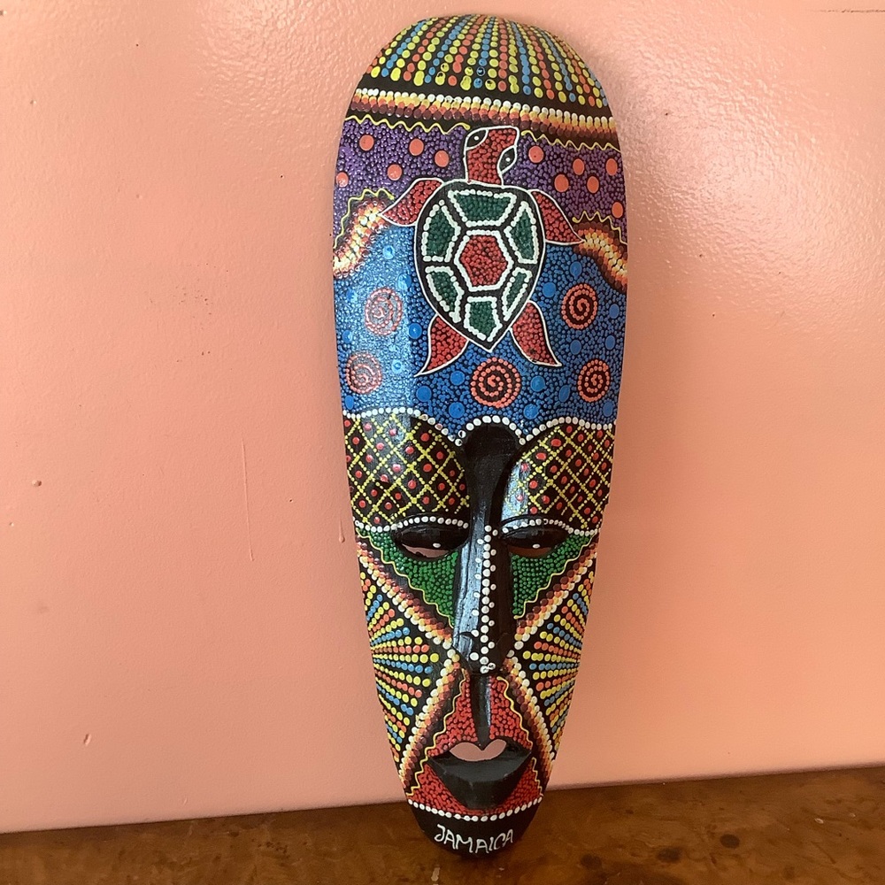 Vintage Mask Hand Carved Wooden Jamaican Wall Art  19.5” Dot Painted Lightweight